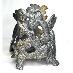 VTG Carson Hummingbird CANDLE JAR HOLDER 4.25"D Pillar Floral Silver Metal 5.5"T